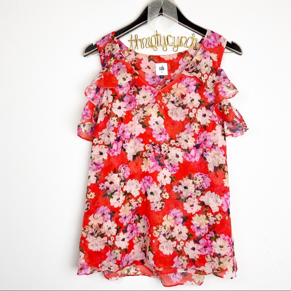 CAbi Floral Print Cold Shoulder Ruffle red blouse